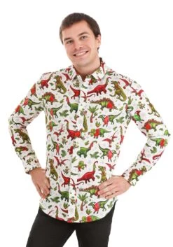 Christmas Dinosaurs Button Up Shirt For Adults