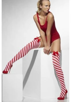 Smiffys Candy Cane Striped Thigh High Women's Stockings -Holiday Clothing Promotion Store candy cane striped thigh high stockings alt 2